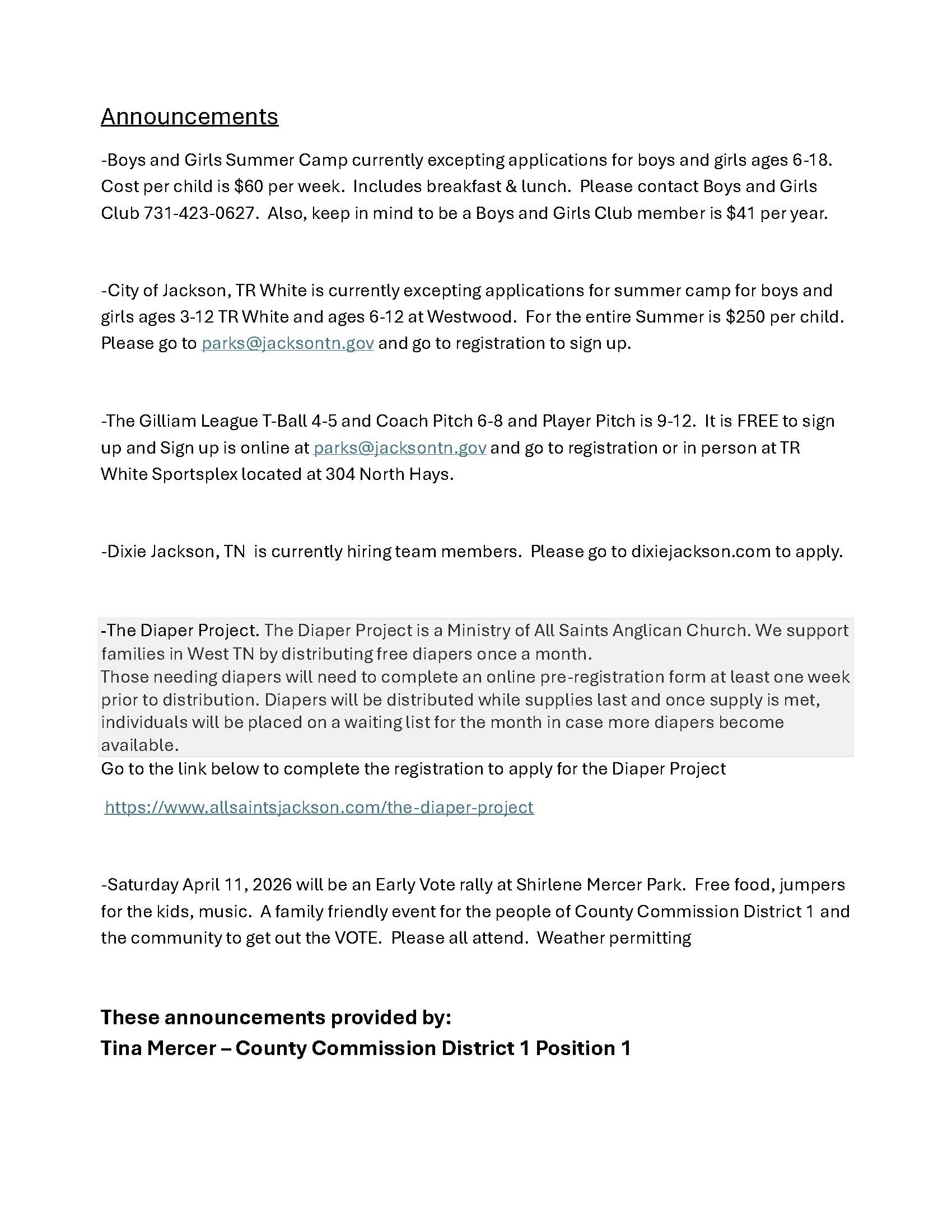 Church Announcements